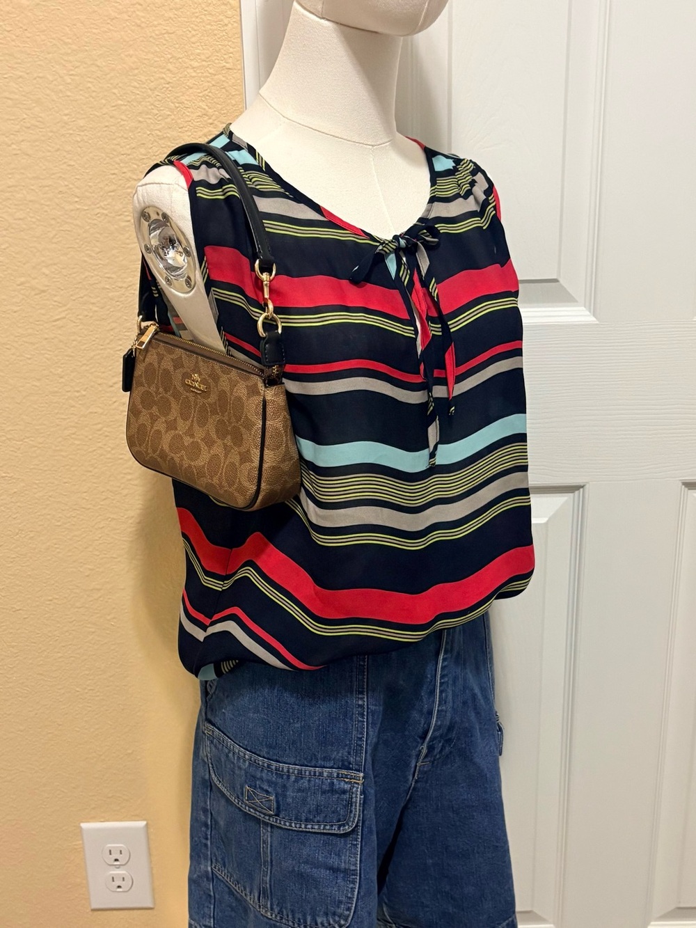Ann Taylor Navy Striped Sleeveless Tie-Neck Top